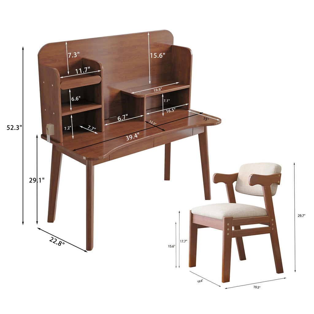 Kids Desk and Chair Set Wooden with Bookshelf and Two Drawers J106