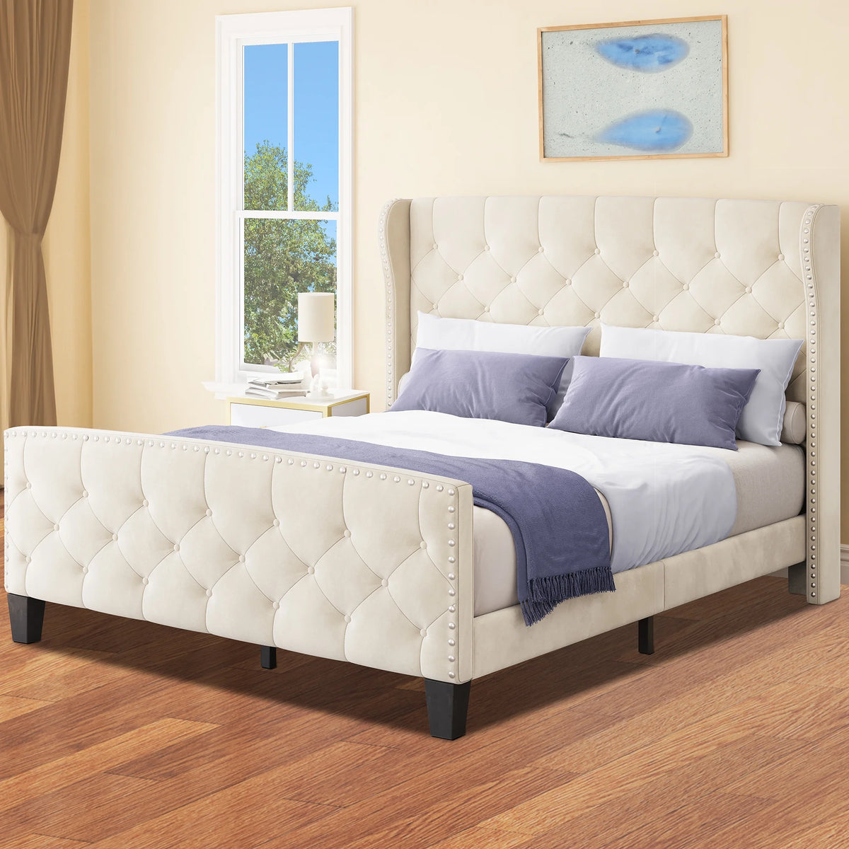 Queen Size Grey Velvet Upholstered Platform Bed Frame S583