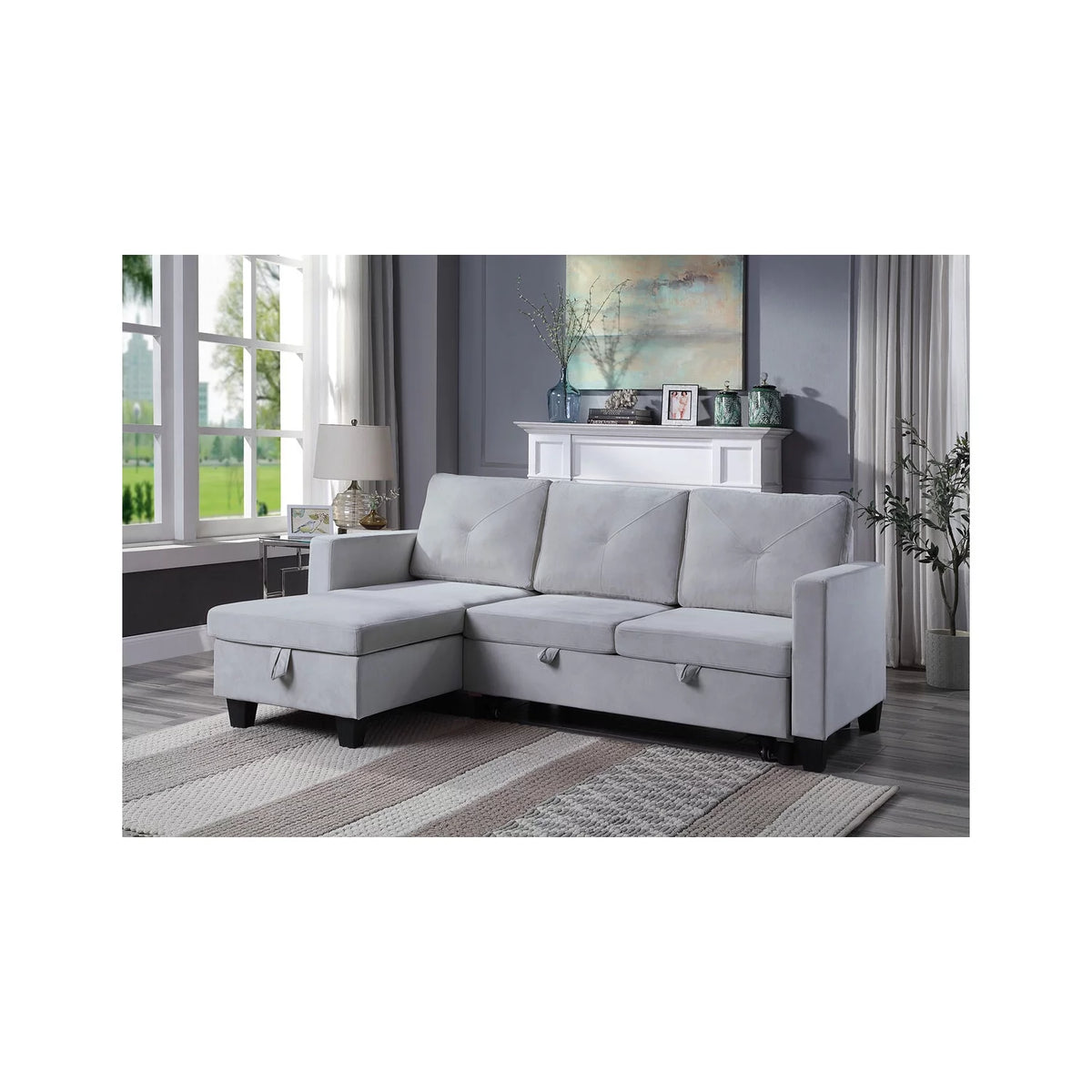 Light Gray Velvet Reversible Sleeper Sectional with Storage W36709