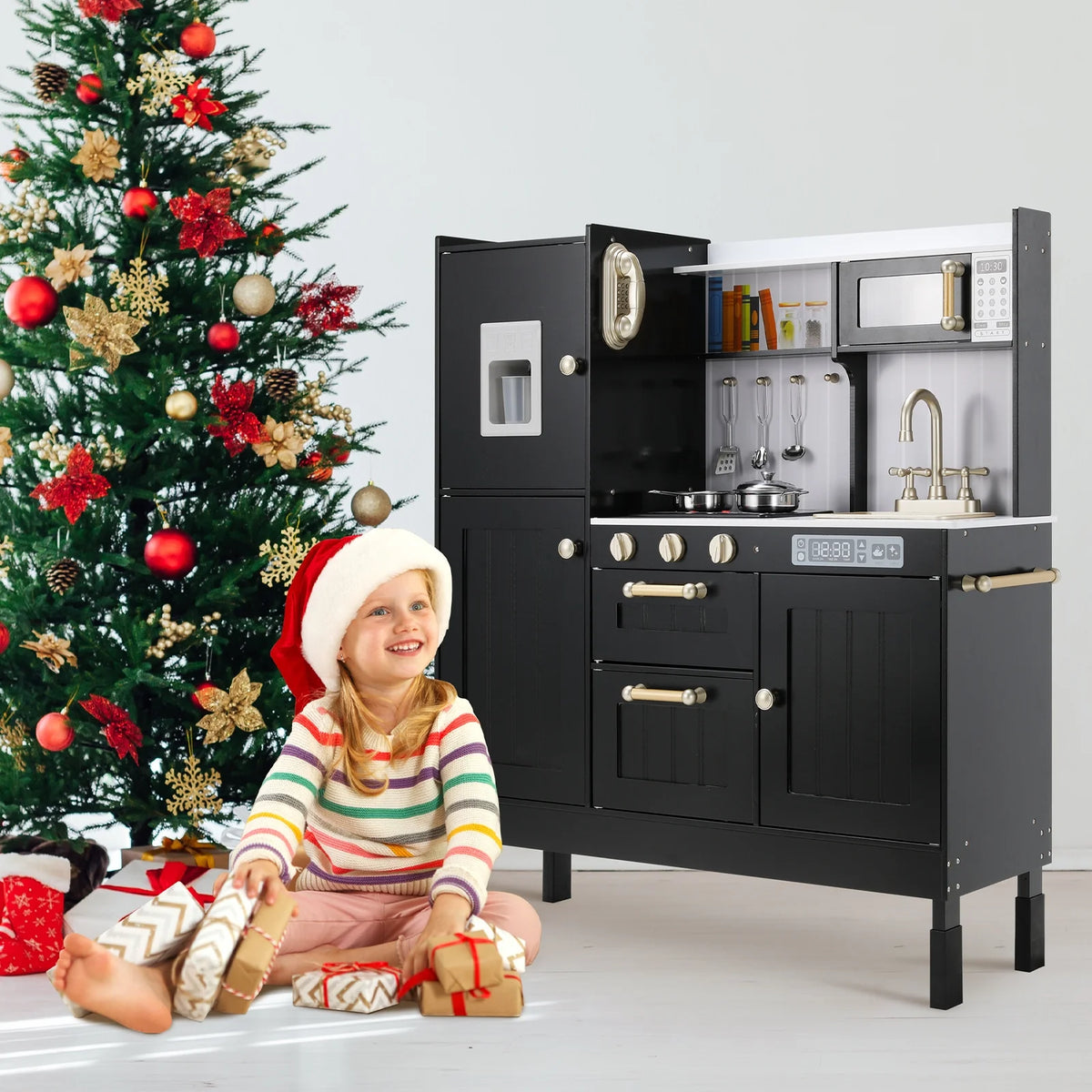 Wooden Pretend Play Kitchen with Telephone, Sink, Cooking Accessories J1911