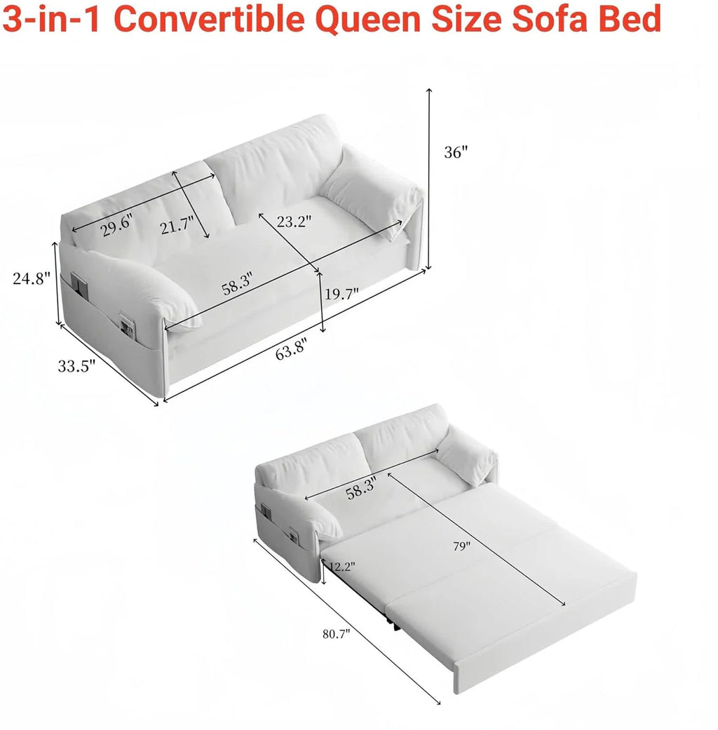 Queen Size Velvet Convertible Sleeper Sofa with Side Pocket J557