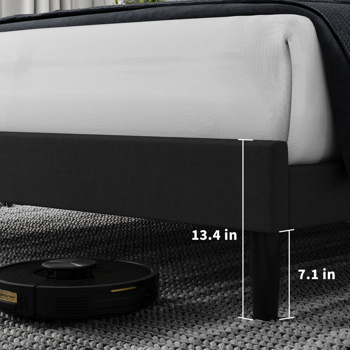 Queen Size Black Linen Upholstered Platform Bed with Adjustable Headboard L55702