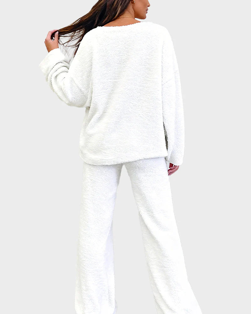 Soft Fuzzy V-Neck Loungewear Set L862567