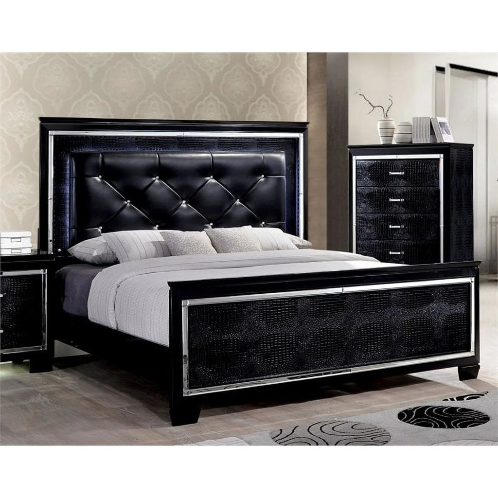 Black Wood King LED Panel Bed with Mirror Trim V485