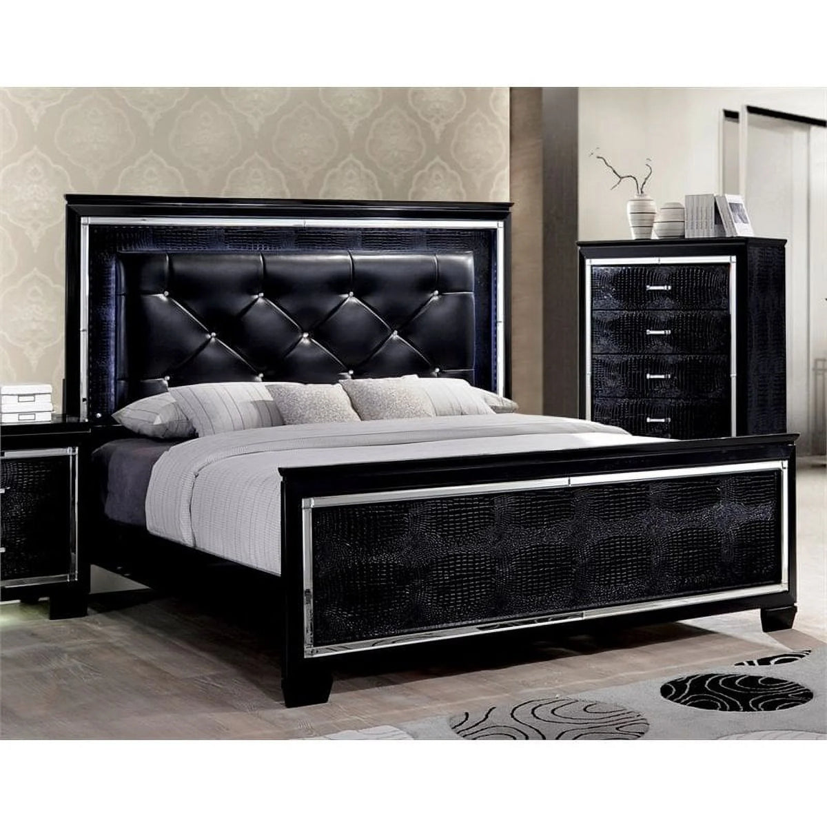 Black Wood King LED Panel Bed with Mirror Trim V485