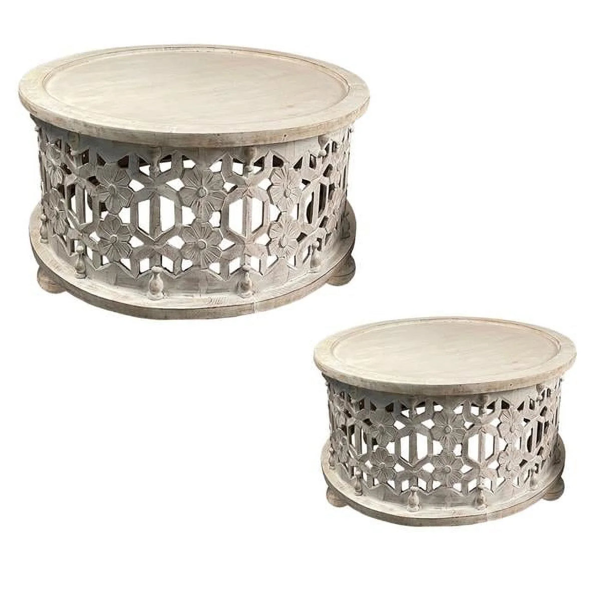 2 Piece Wooden Round Coffee Table Set Antique White P924