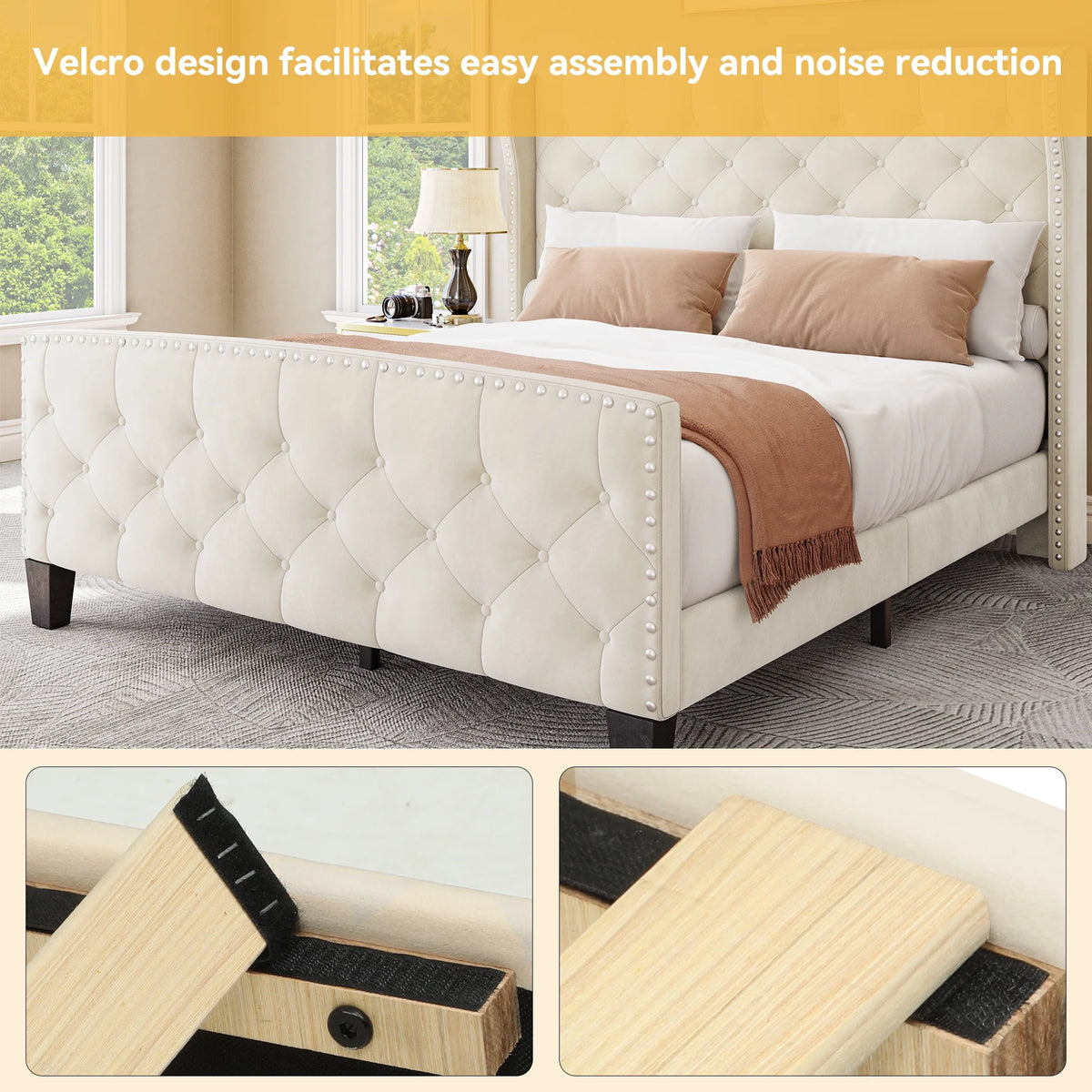 Queen Size Grey Velvet Upholstered Platform Bed Frame S583