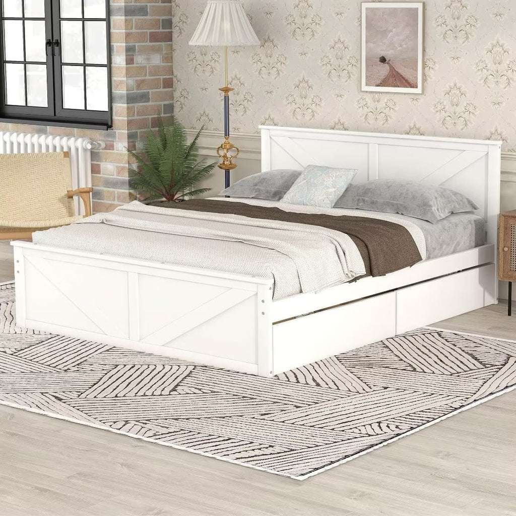 Queen Size White Wooden Platform Bed with 4 Storage Drawers T9900