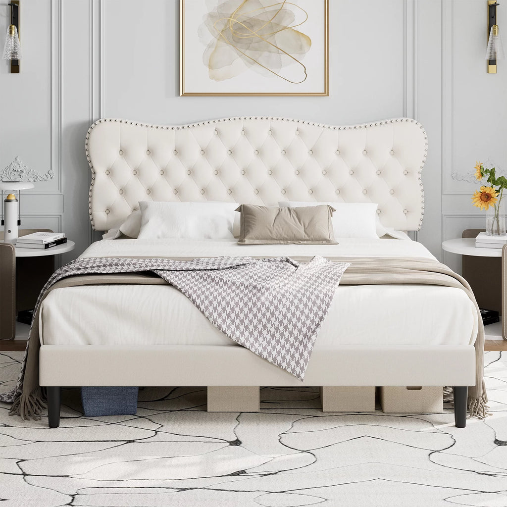 Queen Size Black Linen Upholstered Platform Bed with Adjustable Headboard L55702
