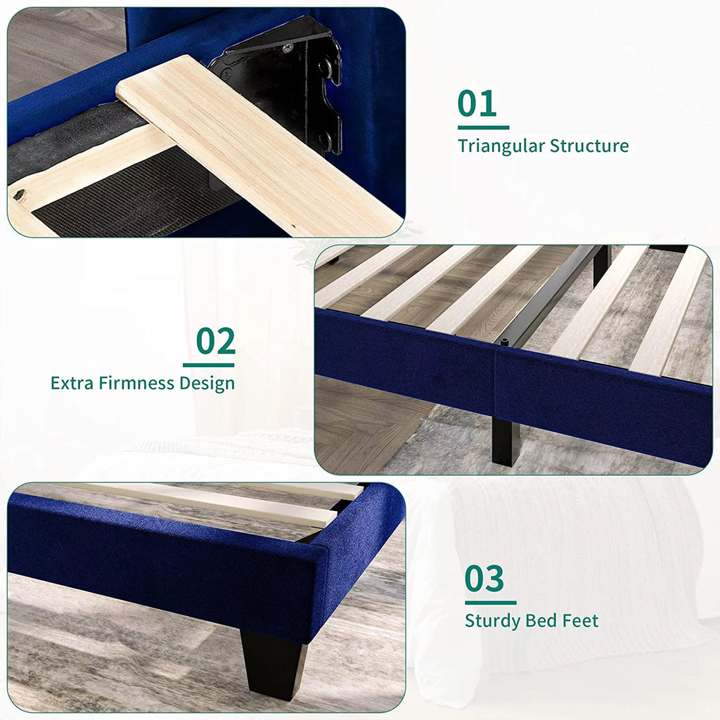 Navy Blue Velvet Upholstered Platform Bed Full N686