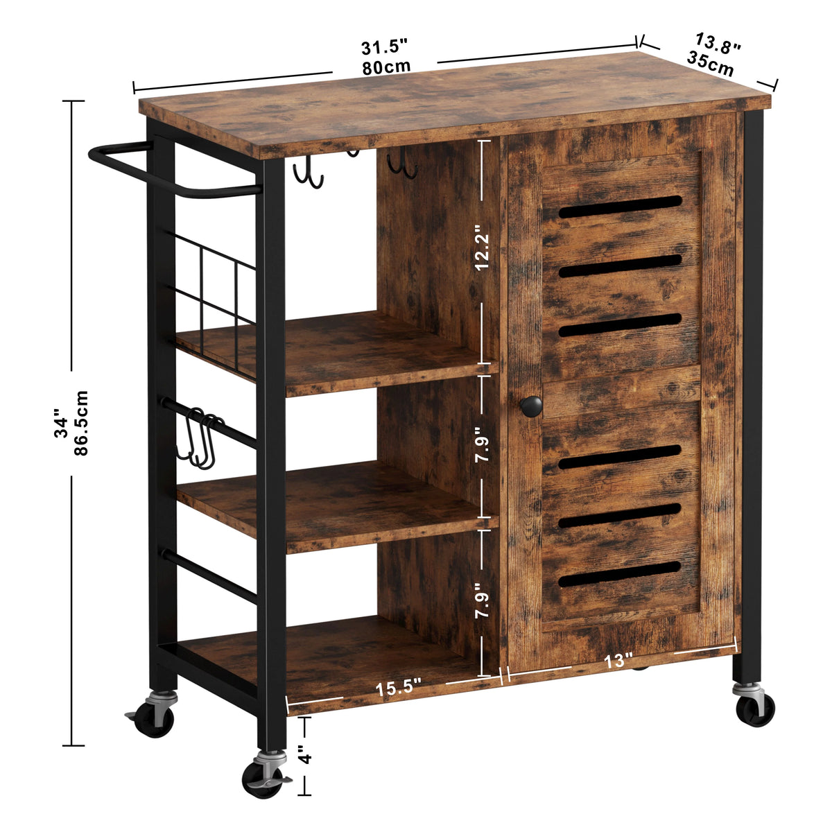 Storage Cabinet with Wheels, 31.5" Kitchen Cart Cabinet with Shelves, Vintage Brown G584847