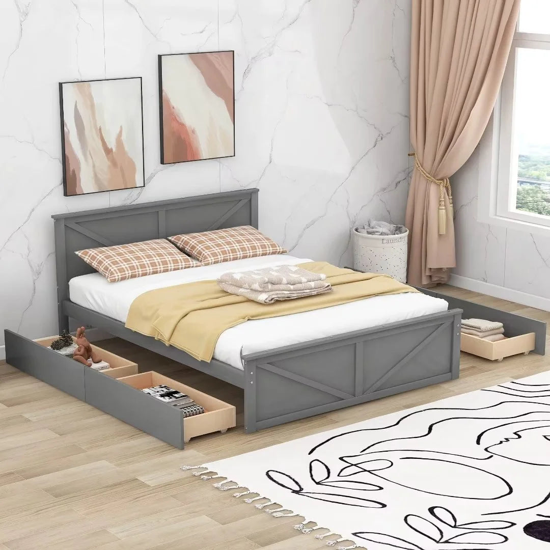 Queen Size White Wooden Platform Bed with 4 Storage Drawers T9900