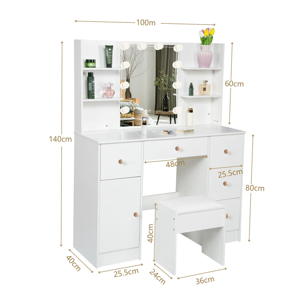White Vanity Set with Mirror and Lights W786