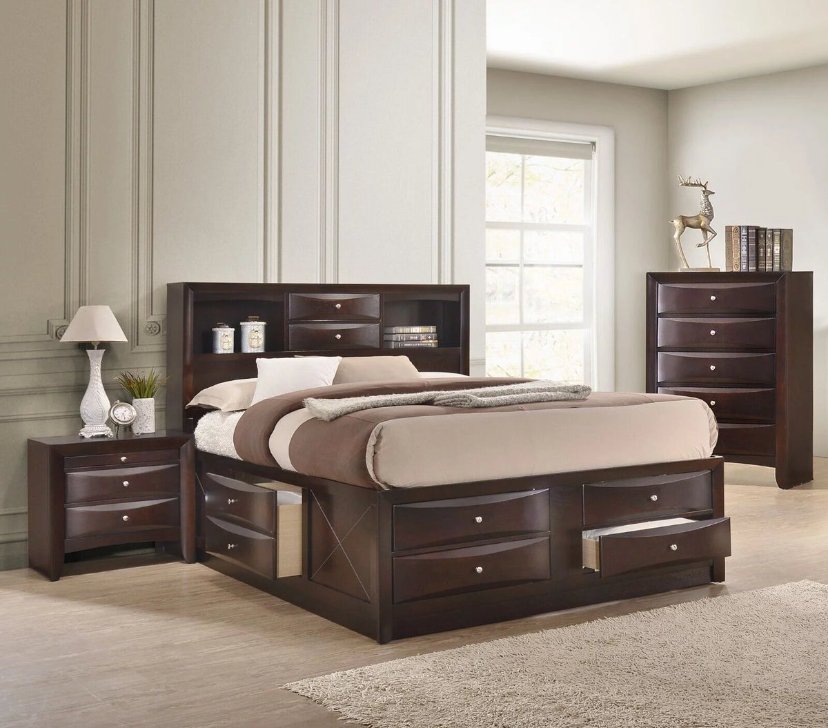 Queen Size 3pc Bedroom Set Storage Bed Chest Nightstand E441