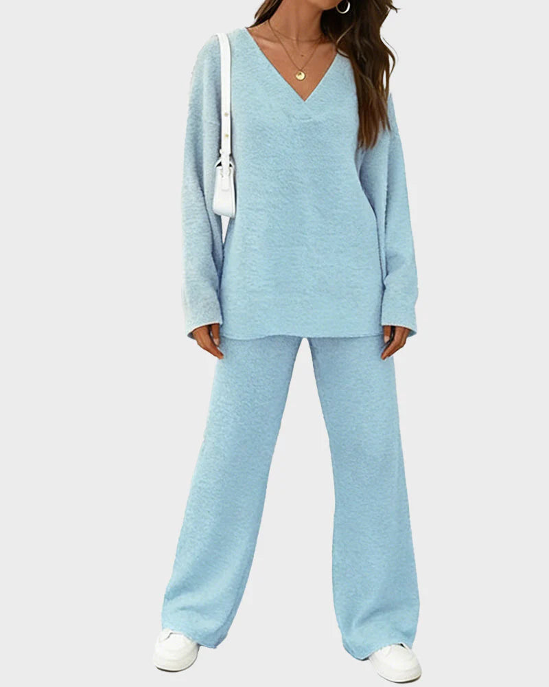 Soft Fuzzy V-Neck Loungewear Set L862567