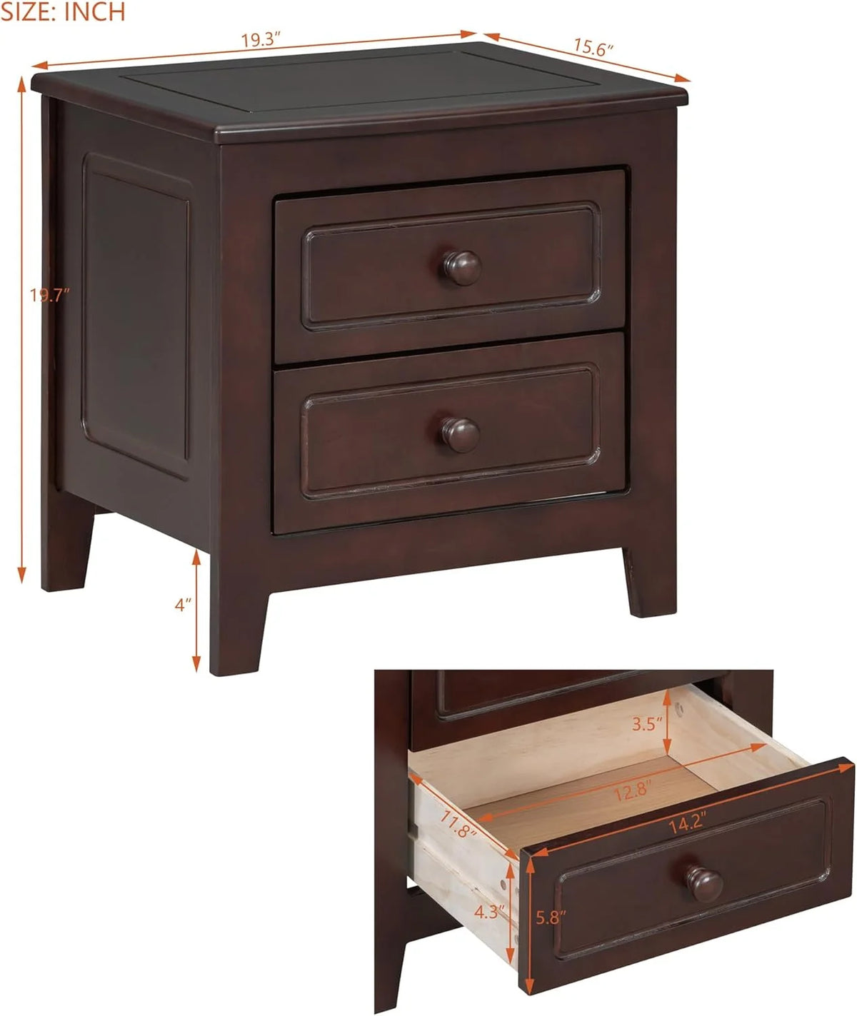Dark Walnut 2 Drawer Solid Wood Nightstand T191287