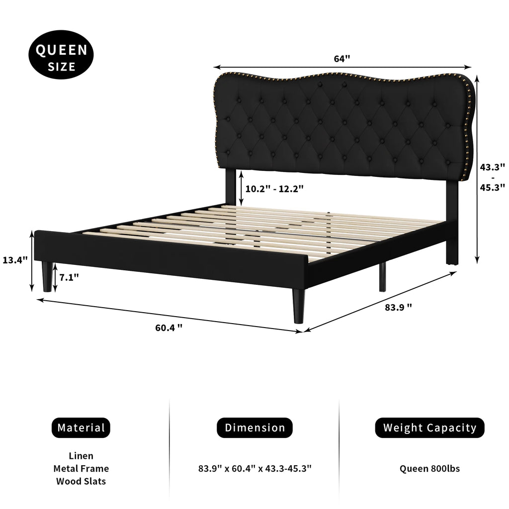 Queen Size Black Linen Upholstered Platform Bed with Adjustable Headboard L55702