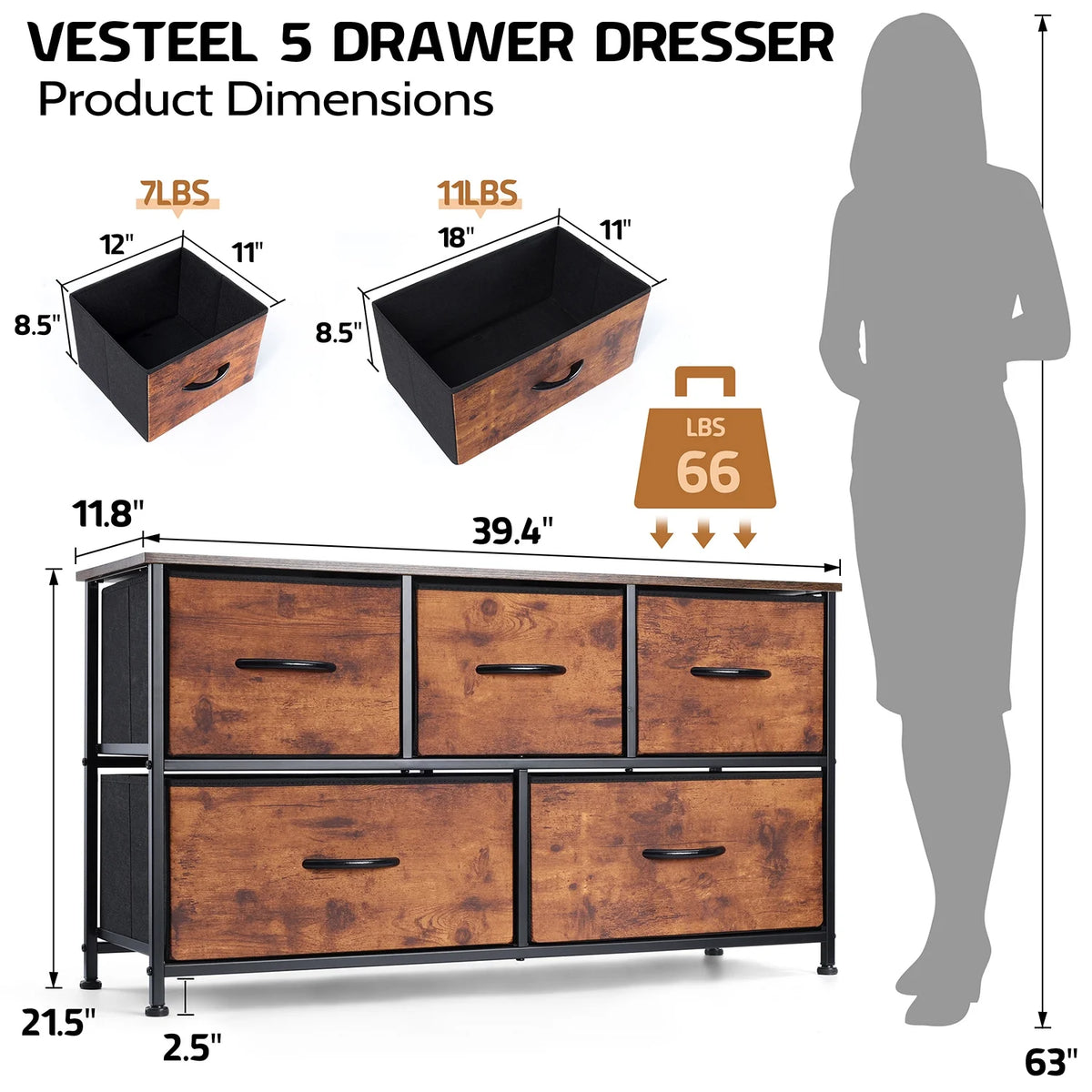 5 Drawer Fabric Dresser with Wood Top N72255