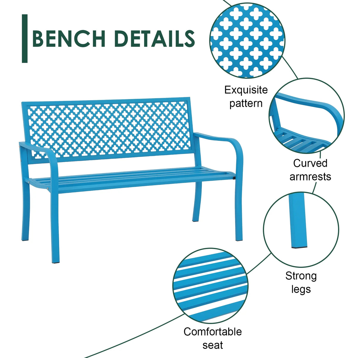 50in Blue Metal Outdoor Garden Bench with Armrest C17547