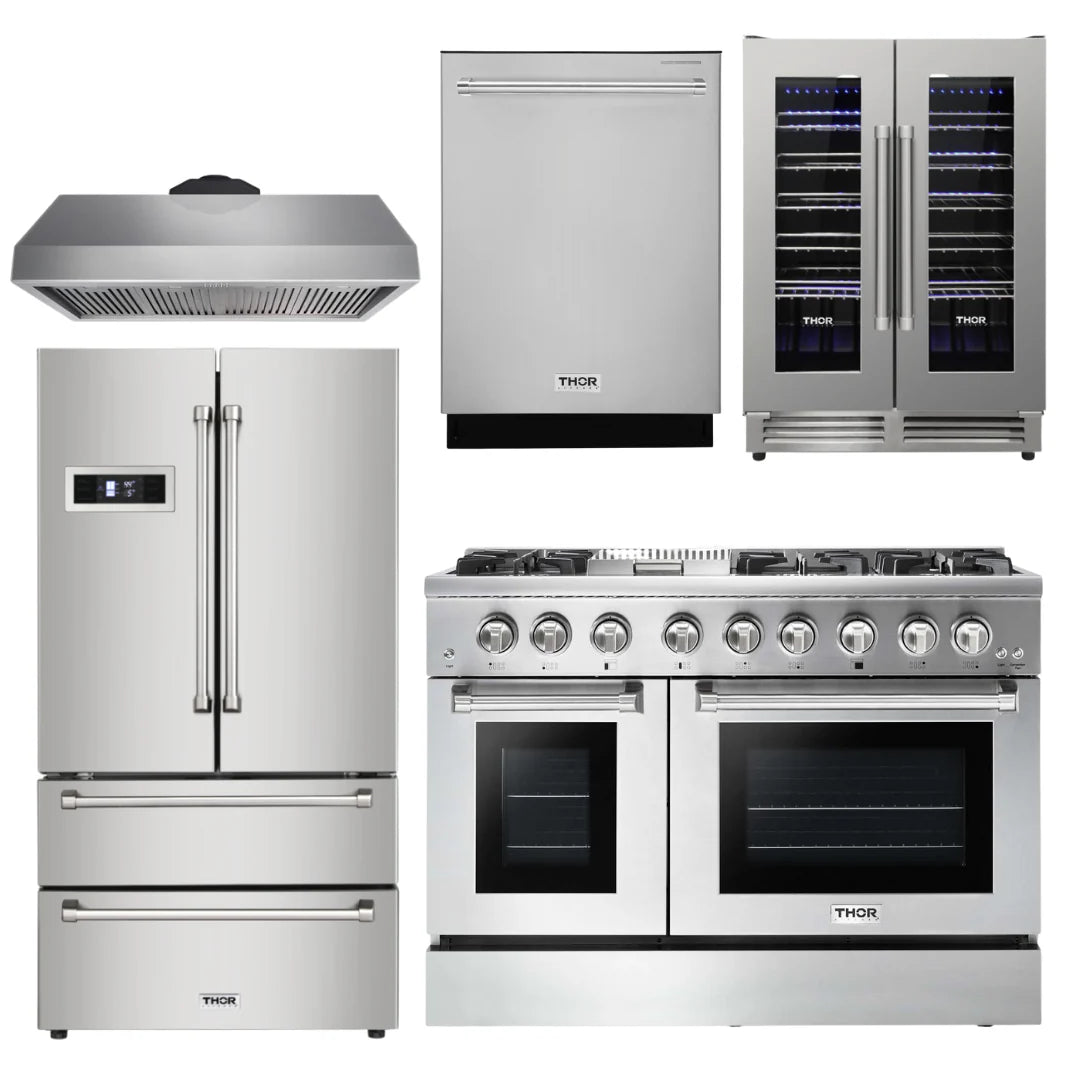 48 inch Dual Fuel Range, Range Hood, Refrigerator, Dishwasher, Wine Cooler T76938