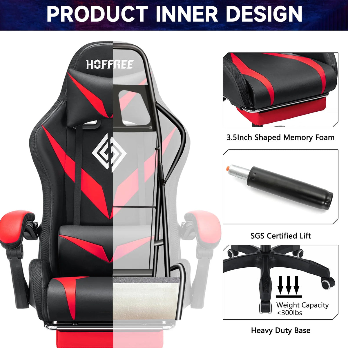 Gaming Chair with Speakers PU Leather Footrest LED Lights I919
