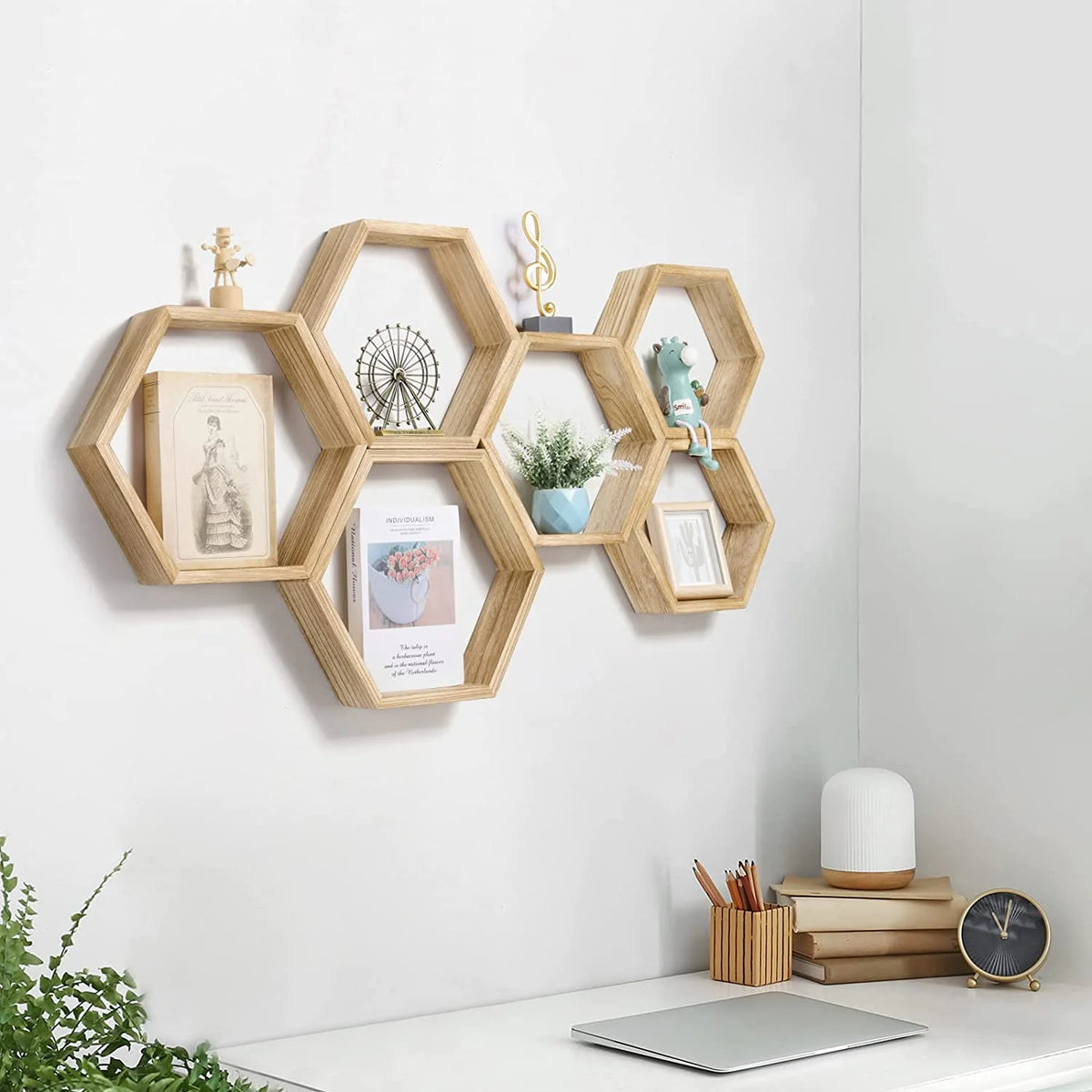 Hexagon Floating Shelves Set of 6 Light Brown U536