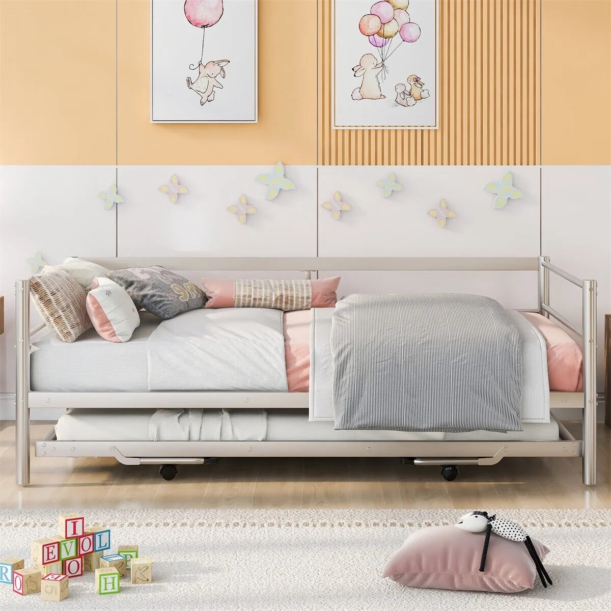 Twin Size Metal Daybed with Adjustable Trundle L5859